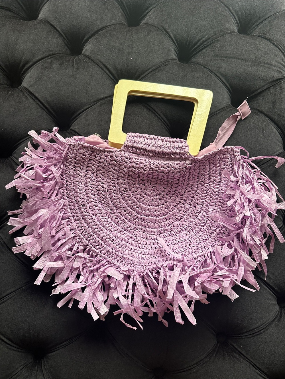 SHEIN Lavender Fringe Straw Tote with Gold Square Handles